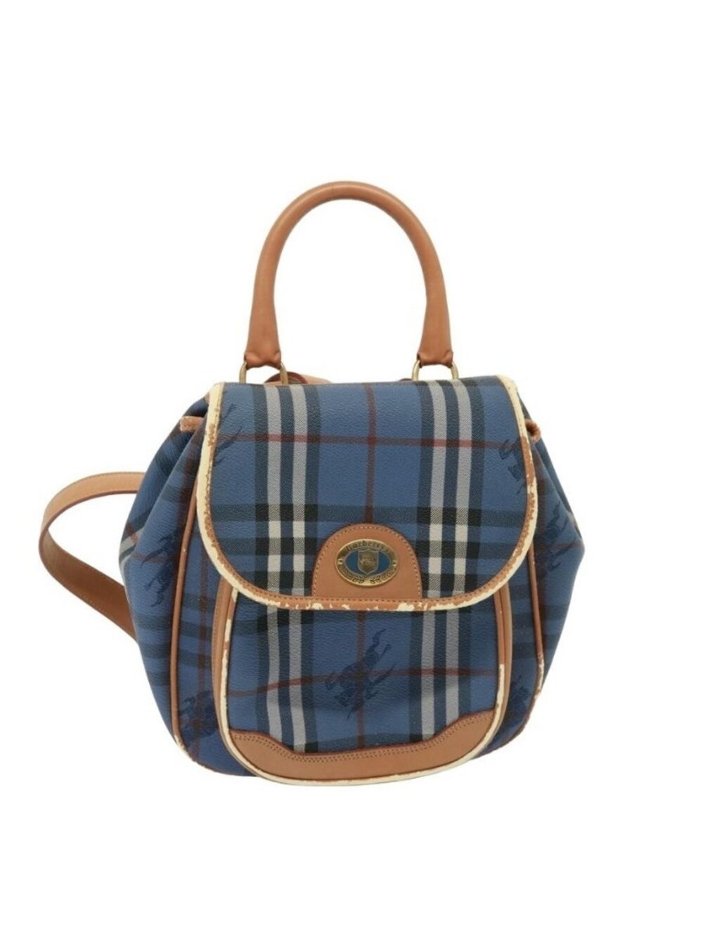 Authentic Burberrys Nova Check Shoulder Bag PVC Leather Blue